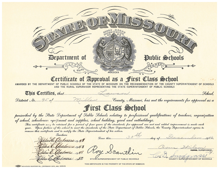Lawson School State of MO Certificate